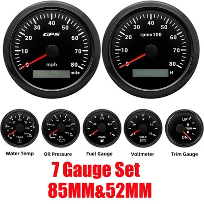 7 Gauge Set 85mm GPS Speedometer 80MPH Tachometer 8000RPM Gauge for Boat Car - Image 1 of 4