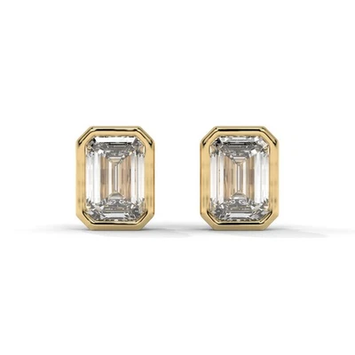 Bezel Setting, 1 CTW Emerald Lab Grown Diamond Stud Earrings | 14k Solid Gold - Image 1 of 4