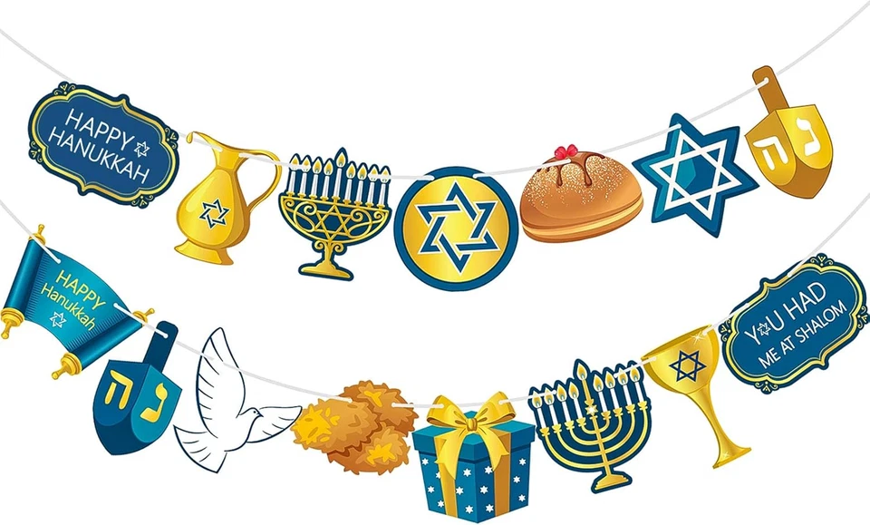 Happy Hanukkah Banner Blue Garland Door Sign Photo Booth Party Decor - Image 1 of 4