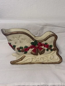 Vintage Weihnachtsschlitten Creme Gold Stechpalme Glocken Keramik Übertopf 4,50” x 7,50” - Bild 1 von 8