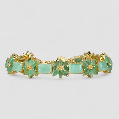 Floral Vivid Green Emerald Bracelets 925 Sterling Silver 24K Gold Fine Jewelry - Image 1 of 4