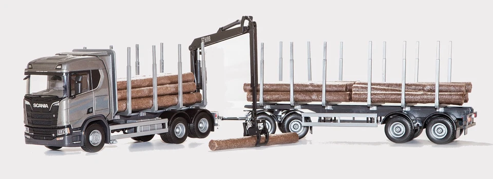 EMEK, SCANIA R730 6x4 grigio con Dolly e rimorchio 2 assi per trasporto legno... - Immagine 1 di 1