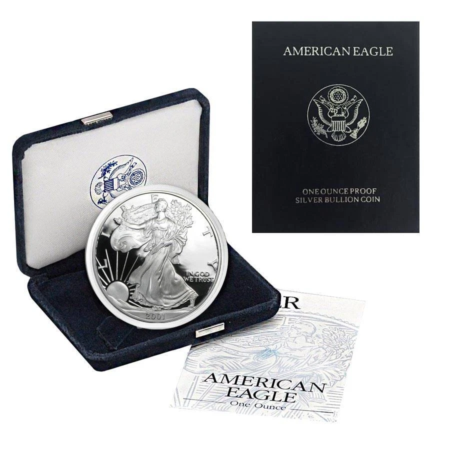 Moneda bullion American Eagle 2001 W prueba de acuñación de Estados Unidos 1 oz plata .999 con certificado de autenticidad en caja Foto 1 de 1