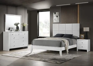 Pristine White Square Full Size Panel Bed Set 4pc Wood Master Bedroom Furniture - Picture 1 of 9