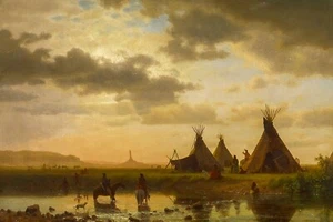 View of Chimney Rock, Ohalilah Sioux Village by Albert Bierstadt + Free Shipping - Picture 1 of 4