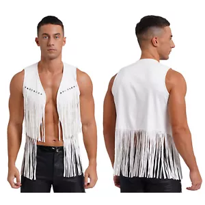 UK Men's Cowboy Jacket Sleeveless Fringe Waistcoat Tassel Vest Cosplay Costume - Picture 1 of 52