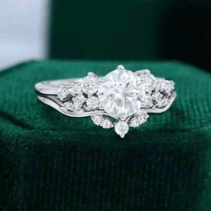 2Ct Round Cut Real Moissanite Flower Wedding Band Ring Set 14k White Gold Plated - Picture 1 of 6