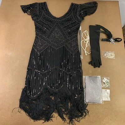 Women's Large Black Sequin Fringe Flapper Dress & Accessory Set 9 Pieces NWT - Image 1 of 4