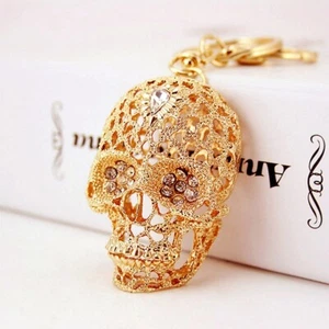 Gold Tone Rhinestone-Studded Crystal Skull Metal Backpack Pendant Car Keychain - Picture 1 of 6