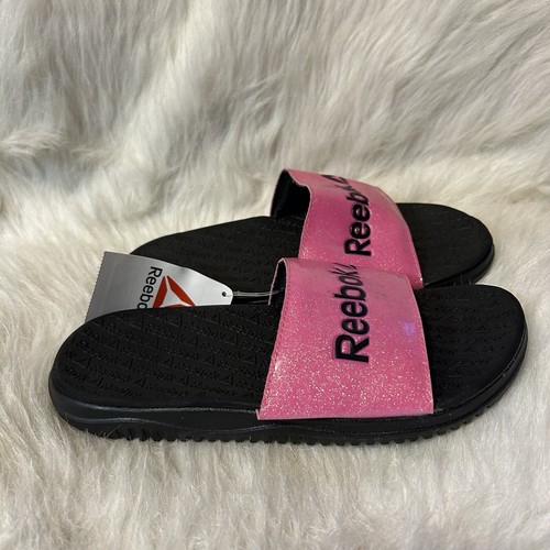 Scarpe sandali slip on Reebok Slides bambina taglia 4 rosa nero scintillante glitter