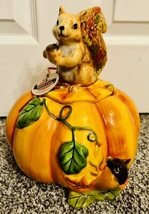 Blue Sky Clayworks Hello Fall Autumn Squirrel On Pumpkin 9” Ceramic Cookie Jar - Picture 1 of 4
