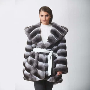 Damen Echt Rex Kaninchen Pelz Mantel Natur Chinchilla Farbe Outwear Kapuze Pelzjacke - Bild 1 von 5