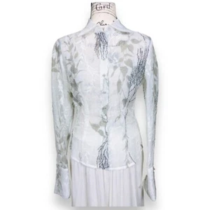 VTG Kay Unger Sheer Floral Shirt Gray White Size 4 Rhinestone Buttons Collared - Picture 1 of 12