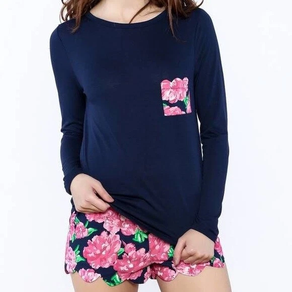 NWOT Mud Pie Women's Floral Scalloped Pajama Set in Navy/Pink • Small - Image 1 of 1