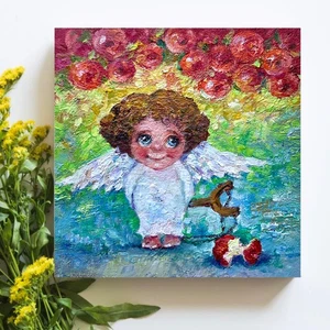 Painting Angel Positive Original Oil Painting Cute Angel 5.8x5.8in - Picture 1 of 5