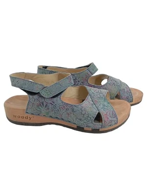 Woody Sandalen Damen Gr. 38 Mehrfarbig Blumenmuster Holzsohle Glitzer - Bild 1 von 4