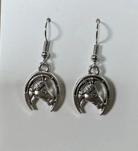 Silver Horseshoe And Horse Earrings - Picture 1 of 2