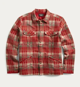 RRL Ralph Lauren Giacca Rossa Camicia da Lavoro Campeggio Plaid Camicia Jacquard Uomo Large L - Foto 1 di 3