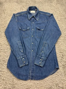 Vtg JC Penney Ranchcraft Denim Shirt Men Medium Western Sawtooth Pearl Snap 70s - Picture 1 of 9