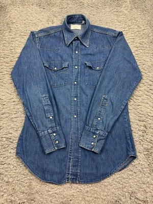 Vtg JC Penney Ranchcraft Denim Shirt Men Medium Western Sawtooth Pearl Snap 70s - Image 1 of 4