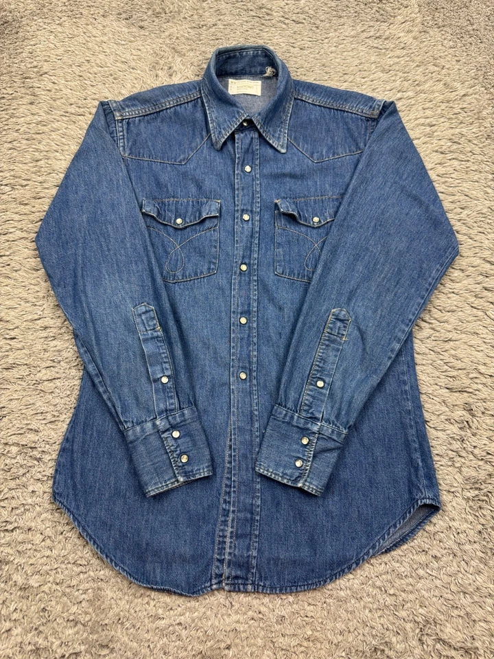 Vtg JC Penney Ranchcraft Denim Shirt Men Medium Western Sawtooth Pearl Snap 70s - Image 1 of 4