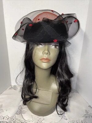 Vintage Style Black & Red  Wool w/ Bow Wedding Cogic Church Derby Hat - Image 1 of 4