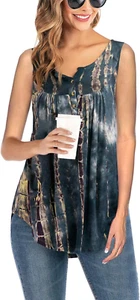 Womens Floral Tie-Dye Tops V Neck T-Shirts Button up Tunic Casual Flowy Pleats T - Picture 1 of 12