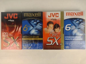 New Old Stock Four T-120 6 Hr VHS Blank Cassette Tapes Sealed JVC Maxell - Picture 1 of 11