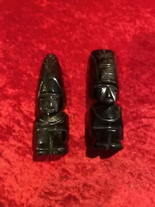 Black Obsidian Stone Aztec Mayan Statue Set Of 2 - Picture 1 of 7