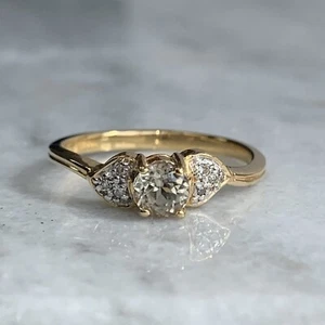 Green Sapphire & Diamond Leaf Accent Ring 18ct 18K Yellow Gold - Size N - Picture 1 of 11