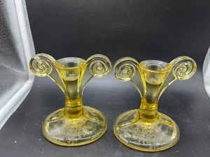 Fostoria June Topaz Yellow, Pair of Tall Single Light Candlesticks, 5", 1929-36 - Picture 1 of 10