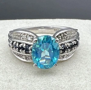 Vintage Sterling Silver Swiss & London Blue Topaz Diamond Accents Ring Size 6.75 - Picture 1 of 19