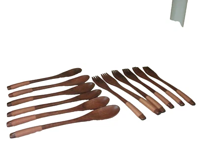 UXCELL KITCHENWARE (12) PIECE WOOD BROWN SPOON & FORK SET W NON-SLIP HANDLE (EUC - Image 1 of 4