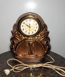Vintage 50er 60er Telechron kupferfarben Metall elektrische Tisch/Regaluhr (funktioniert!) - Bild 1 von 6