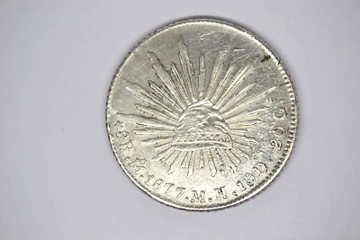 Mexico: Republic 8 Reales 1877 Mo-MH- Cleaned AU with a few marks - Image 1 of 2
