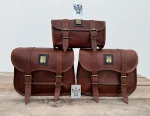 Brown Leather 3 Bags Panniers Saddle Bag Saddlebags Motorcycle Pouch JMB 2025 - Picture 1 of 22