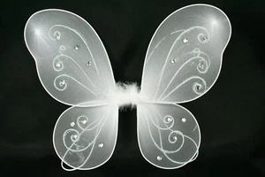 WHITE Butterfly Fairy Organza Nylon WINGS Glitter & Gemstones Choose Size - Picture 1 of 1