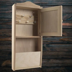 Hanging Wooden Key Cabinet / Plain Unpainted Box / 5 Hooks & Letter Rack Holder - Picture 1 of 12