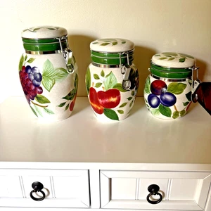 SONOMA Set of 3 SAKURA Stoneware Sealable Storage Green Fruit Kitchen Canister - Picture 1 of 11