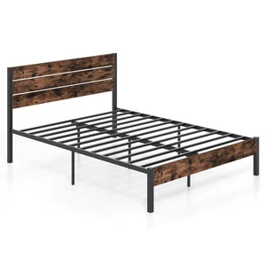 Queen Bed Frame w/ Tall Industrial Headboard Heavy-Duty Metal Slats Support - Picture 1 of 10