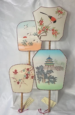 Винтажные фиксированные шелковые экранные вентиляторы с ручной росписью с цветочным рисунком птицы бабочки бамбуковые палочки - Изображение 1 из 4