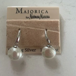 Majorica For Neiman Marcus Sterling And Pearl Drop Earrings - Picture 1 of 6