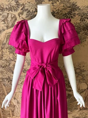 Vestido Vintage Laura Ashley Años 80 Manga Abullonada Algodón Rosa Frambuesa Foto 1 de 4