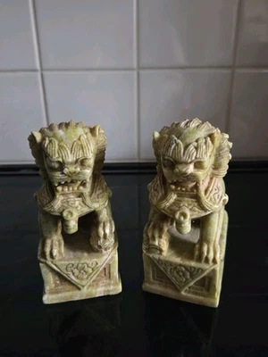 Chinese Temple Lions Foo Dogs Soapstone Carved Feng Shui Ornament - Image 1 of 4