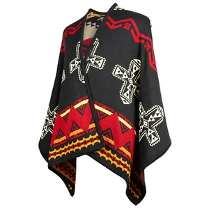 Harmony of Contrasts Reversible Cotton-Alpaca Poncho Aztec Geometric Accents - Picture 1 of 12