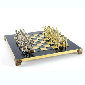 Manopoulos Archers Small Chess Set - Brass Nickel Pawns - Blue chess Board - Picture 1 of 5
