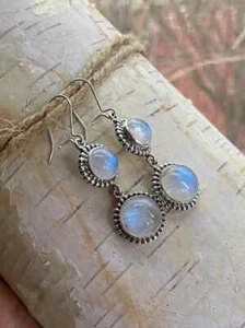 Nice Rainbow Moonstone Gemstone 925 Sterling Silver Handmade Earring S-38 - Picture 1 of 3