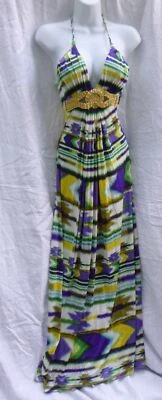 Vestido Sky Maxi XS Seda Nuevo Sin Etiquetas Halter Metal Cintura Multicolor Foto 1 de 4