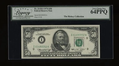 DBR 1974 $50 FRN Minneapolis Fr. 2118-I Legacy 64 PPQ Serial I01490052A - Image 1 of 2