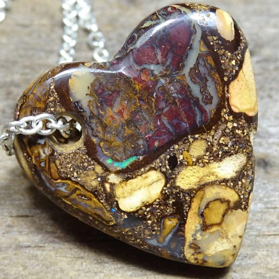 12.02 CT AUSTRALIAN BOULDER OPAL Heart Pendant Necklace Silver Jewellery VIDEO - Image 1 of 4